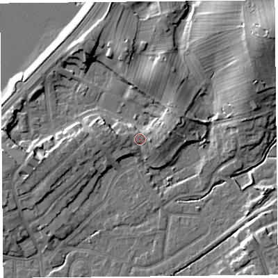 Shaded relief map of the ground around LA46HX, computed from Environment Agency LiDAR. The ground here sits at about 8 m above sea level and falls 18 m across the surrounding 800 m. Surface water reaching this point runs off ground lying to the east-north-east, 5.1 m higher.
