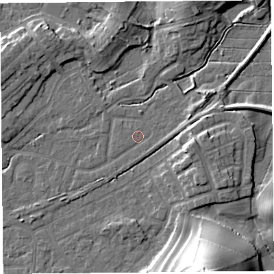 Shaded relief map of the ground around LA46HY, computed from Environment Agency LiDAR. The ground here sits at about 5 m above sea level and falls 27 m across the surrounding 800 m. Surface water reaching this point runs off ground lying to the east-south-east, 0.8 m higher.