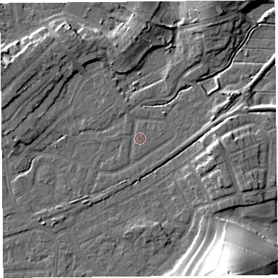 Shaded relief map of the ground around LA46HZ, computed from Environment Agency LiDAR. The ground here sits at about 6 m above sea level and falls 27 m across the surrounding 800 m. Surface water reaching this point runs off ground lying to the north-north-east, 7.3 m higher.