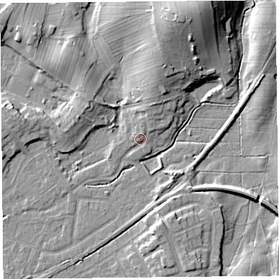 Shaded relief map of the ground around LA46JB, computed from Environment Agency LiDAR. The ground here sits at about 8 m above sea level and falls 17 m across the surrounding 800 m. Surface water reaching this point runs off ground lying to the north-north-east, 2.4 m higher.