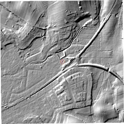 Shaded relief map of the ground around LA46JD, computed from Environment Agency LiDAR. The ground here sits at about 6 m above sea level and falls 12 m across the surrounding 800 m. Surface water reaching this point runs off ground lying to the east-north-east, 3.2 m higher.