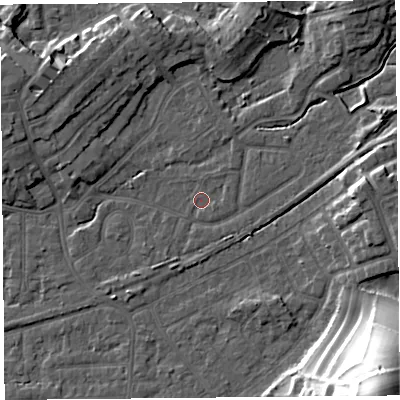 Shaded relief map of the ground around LA46JH, computed from Environment Agency LiDAR. The ground here sits at about 5 m above sea level and falls 31 m across the surrounding 800 m. Surface water reaching this point runs off ground lying to the north-west, 6.8 m higher.