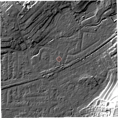 Shaded relief map of the ground around LA46JJ, computed from Environment Agency LiDAR. The ground here sits at about 6 m above sea level and falls 32 m across the surrounding 800 m. Surface water reaching this point runs off ground lying to the east-north-east, 1.6 m higher.
