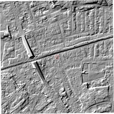 Shaded relief map of the ground around LA46JP, computed from Environment Agency LiDAR. The ground here sits at about 5 m above sea level and falls 7 m across the surrounding 800 m. Surface water reaching this point runs off ground lying to the west-south-west, 6.7 m higher.