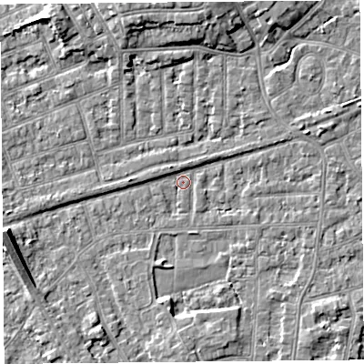 Shaded relief map of the ground around LA46JR, computed from Environment Agency LiDAR. The ground here sits at about 5 m above sea level and falls 7 m across the surrounding 800 m. Surface water reaching this point runs off ground lying to the west-south-west, 7.1 m higher.