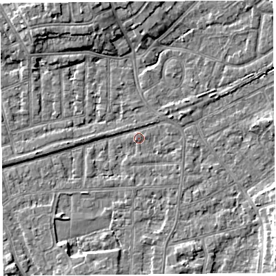 Shaded relief map of the ground around LA46JS, computed from Environment Agency LiDAR. The ground here sits at about 6 m above sea level and falls 6 m across the surrounding 800 m. Surface water reaching this point runs off ground lying to the north-north-west, 0.7 m higher.