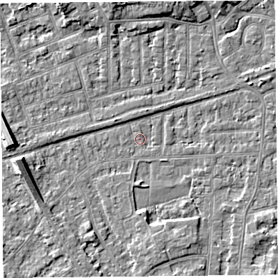 Shaded relief map of the ground around LA46JT, computed from Environment Agency LiDAR. The ground here sits at about 5 m above sea level and falls 7 m across the surrounding 800 m. Surface water reaching this point runs off ground lying to the west, 7.0 m higher.