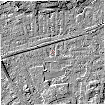 Shaded relief map of the ground around LA46JU, computed from Environment Agency LiDAR. The ground here sits at about 5 m above sea level and falls 7 m across the surrounding 800 m. Surface water reaching this point runs off ground lying to the south, 2.7 m higher.