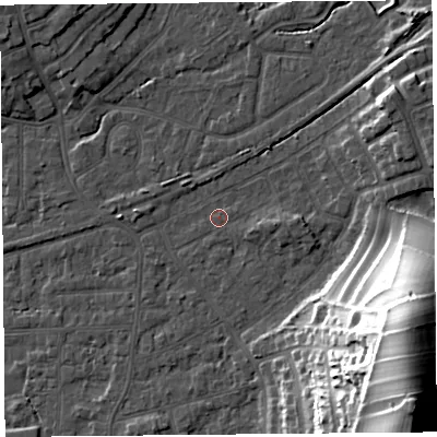 Shaded relief map of the ground around LA46JY, computed from Environment Agency LiDAR. The ground here sits at about 5 m above sea level and falls 37 m across the surrounding 800 m. Surface water reaching this point runs off ground lying to the south-west, 0.9 m higher.