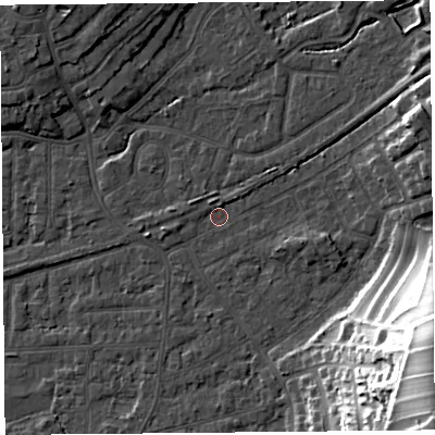 Shaded relief map of the ground around LA46JZ, computed from Environment Agency LiDAR. The ground here sits at about 5 m above sea level and falls 36 m across the surrounding 800 m. Surface water reaching this point runs off ground lying to the west-south-west, 1.8 m higher.