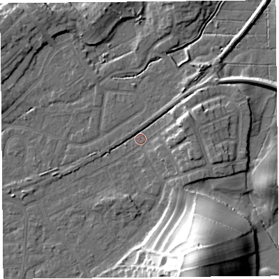 Shaded relief map of the ground around LA46LA, computed from Environment Agency LiDAR. The ground here sits at about 5 m above sea level and falls 32 m across the surrounding 800 m. Surface water reaching this point runs off ground lying to the south-south-east, 31.9 m higher.