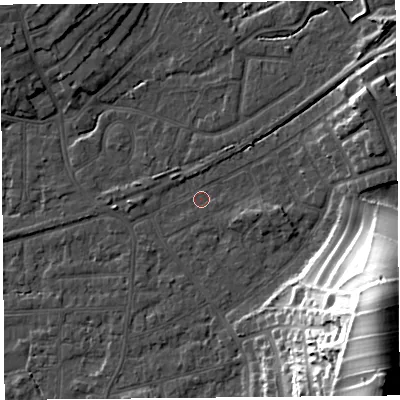 Shaded relief map of the ground around LA46LB, computed from Environment Agency LiDAR. The ground here sits at about 5 m above sea level and falls 37 m across the surrounding 800 m. Surface water reaching this point runs off ground lying to the south-west, 0.9 m higher.