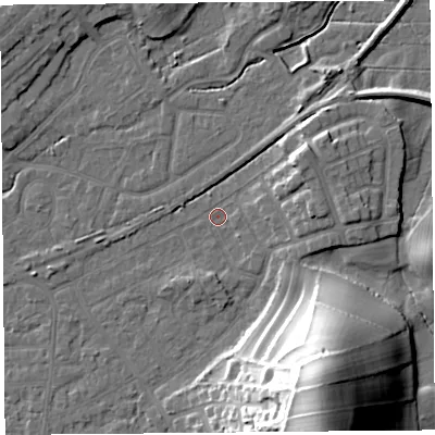 Shaded relief map of the ground around LA46LD, computed from Environment Agency LiDAR. The ground here sits at about 5 m above sea level and falls 34 m across the surrounding 800 m. Surface water reaching this point runs off ground lying to the south-south-east, 32.7 m higher.