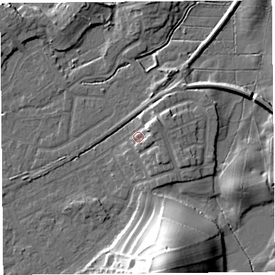 Shaded relief map of the ground around LA46LE, computed from Environment Agency LiDAR. The ground here sits at about 7 m above sea level and falls 32 m across the surrounding 800 m. Surface water reaching this point runs off ground lying to the north-east, 6.0 m higher.