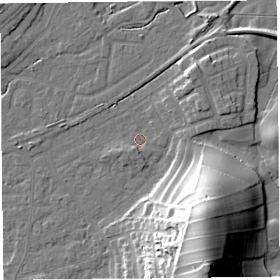 Shaded relief map of the ground around LA46LF, computed from Environment Agency LiDAR. The ground here sits at about 5 m above sea level and falls 37 m across the surrounding 800 m. Surface water reaching this point runs off ground lying to the south-south-east, 32.3 m higher.