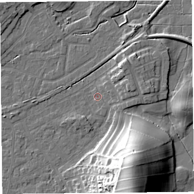 Shaded relief map of the ground around LA46LG, computed from Environment Agency LiDAR. The ground here sits at about 5 m above sea level and falls 35 m across the surrounding 800 m. Surface water reaching this point runs off ground lying to the south-south-east, 32.3 m higher.