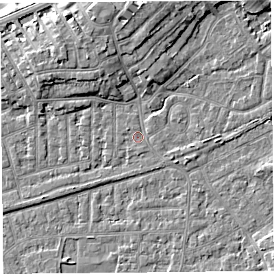Shaded relief map of the ground around LA46LJ, computed from Environment Agency LiDAR. The ground here sits at about 6 m above sea level and falls 9 m across the surrounding 800 m. Surface water reaching this point runs off ground lying to the north-west, 0.8 m higher.