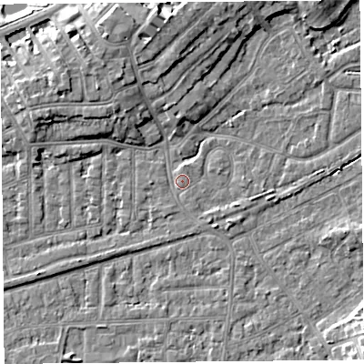 Shaded relief map of the ground around LA46LL, computed from Environment Agency LiDAR. The ground here sits at about 6 m above sea level and falls 8 m across the surrounding 800 m. Surface water reaching this point runs off ground lying to the south-west, 0.7 m higher.