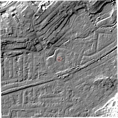 Shaded relief map of the ground around LA46LN, computed from Environment Agency LiDAR. The ground here sits at about 6 m above sea level and falls 15 m across the surrounding 800 m. Surface water reaching this point runs off ground lying to the south-west, 0.8 m higher.