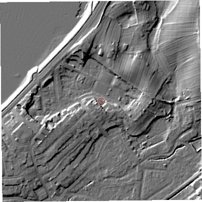 Shaded relief map of the ground around LA46LR, computed from Environment Agency LiDAR. The ground here sits at about 7 m above sea level and falls 13 m across the surrounding 800 m. Surface water reaching this point runs off ground lying to the north-east, 5.6 m higher.