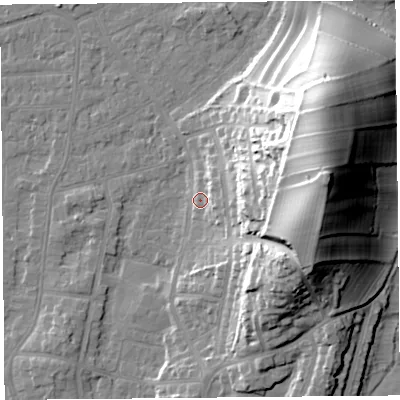 Shaded relief map of the ground around LA46PP, computed from Environment Agency LiDAR. The ground here sits at about 7 m above sea level and falls 36 m across the surrounding 800 m. Surface water reaching this point runs off ground lying to the east, 34.7 m higher.