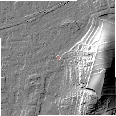 Shaded relief map of the ground around LA46PR, computed from Environment Agency LiDAR. The ground here sits at about 6 m above sea level and falls 36 m across the surrounding 800 m. Surface water reaching this point runs off ground lying to the east-south-east, 35.7 m higher.
