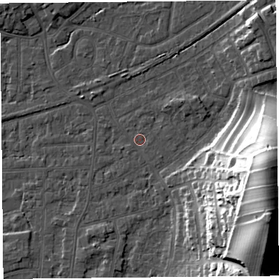 Shaded relief map of the ground around LA46PS, computed from Environment Agency LiDAR. The ground here sits at about 5 m above sea level and falls 36 m across the surrounding 800 m. Surface water reaching this point runs off ground lying to the west-north-west, 1.3 m higher.