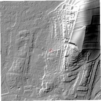 Shaded relief map of the ground around LA46PW, computed from Environment Agency LiDAR. The ground here sits at about 7 m above sea level and falls 36 m across the surrounding 800 m. Surface water reaching this point runs off ground lying to the east, 26.9 m higher.
