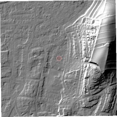 Shaded relief map of the ground around LA46QT, computed from Environment Agency LiDAR. The ground here sits at about 5 m above sea level and falls 36 m across the surrounding 800 m. Surface water reaching this point runs off ground lying to the east-north-east, 36.2 m higher.