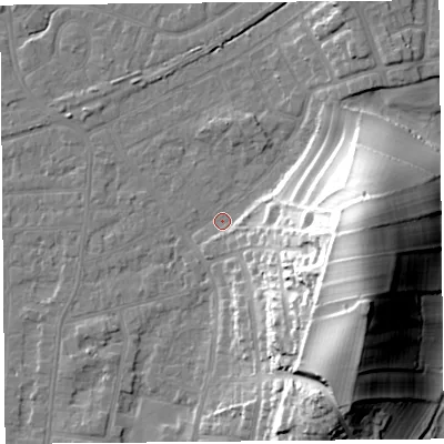 Shaded relief map of the ground around LA46QU, computed from Environment Agency LiDAR. The ground here sits at about 5 m above sea level and falls 36 m across the surrounding 800 m. Surface water reaching this point runs off ground lying to the east-south-east, 36.3 m higher.