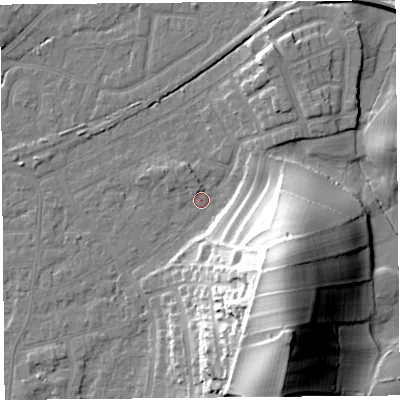Shaded relief map of the ground around LA46QX, computed from Environment Agency LiDAR. The ground here sits at about 5 m above sea level and falls 36 m across the surrounding 800 m. Surface water reaching this point runs off ground lying to the south-east, 33.9 m higher.