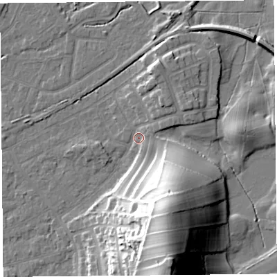 Shaded relief map of the ground around LA46QY, computed from Environment Agency LiDAR. The ground here sits at about 6 m above sea level and falls 37 m across the surrounding 800 m. Surface water reaching this point runs off ground lying to the south-east, 16.6 m higher.