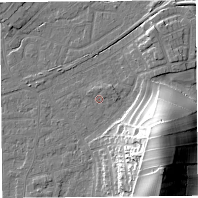 Shaded relief map of the ground around LA46RB, computed from Environment Agency LiDAR. The ground here sits at about 5 m above sea level and falls 37 m across the surrounding 800 m. Surface water reaching this point runs off ground lying to the south-east, 32.7 m higher.
