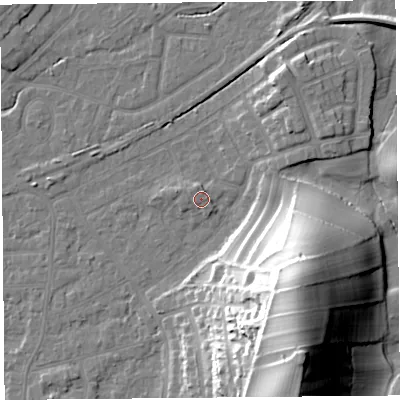 Shaded relief map of the ground around LA46RD, computed from Environment Agency LiDAR. The ground here sits at about 7 m above sea level and falls 37 m across the surrounding 800 m. Surface water reaching this point runs off ground lying to the north-west, 1.3 m higher.