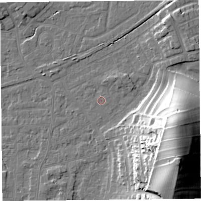 Shaded relief map of the ground around LA46RE, computed from Environment Agency LiDAR. The ground here sits at about 5 m above sea level and falls 36 m across the surrounding 800 m. Surface water reaching this point runs off ground lying to the west, 1.1 m higher.