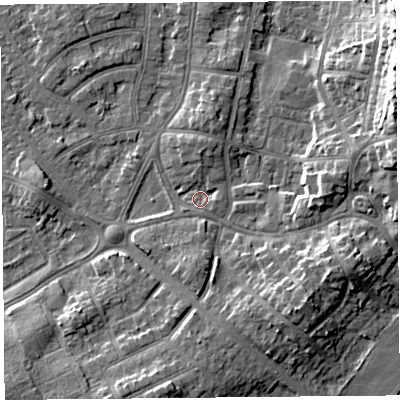 Shaded relief map of the ground around LA46RJ, computed from Environment Agency LiDAR. The ground here sits at about 6 m above sea level and falls 14 m across the surrounding 800 m. Surface water reaching this point runs off ground lying to the north, 2.0 m higher.
