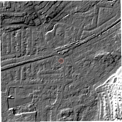 Shaded relief map of the ground around LA46RN, computed from Environment Agency LiDAR. The ground here sits at about 6 m above sea level and falls 19 m across the surrounding 800 m. Surface water reaching this point runs off ground lying to the north-west, 0.6 m higher.