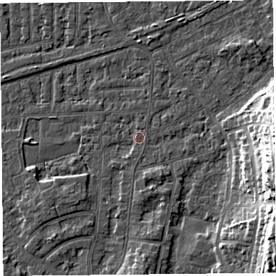 Shaded relief map of the ground around LA46RP, computed from Environment Agency LiDAR. The ground here sits at about 6 m above sea level and falls 16 m across the surrounding 800 m. Surface water reaching this point runs off ground lying to the south, 0.9 m higher.