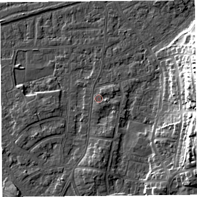 Shaded relief map of the ground around LA46RS, computed from Environment Agency LiDAR. The ground here sits at about 6 m above sea level and falls 17 m across the surrounding 800 m. Surface water reaching this point runs off ground lying to the north-north-east, 1.0 m higher.