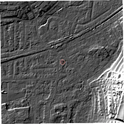 Shaded relief map of the ground around LA46RW, computed from Environment Agency LiDAR. The ground here sits at about 6 m above sea level and falls 27 m across the surrounding 800 m. Surface water reaching this point runs off ground lying to the north-north-east, 1.0 m higher.