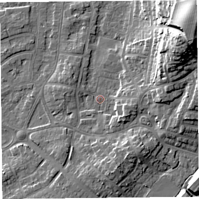 Shaded relief map of the ground around LA46RY, computed from Environment Agency LiDAR. The ground here sits at about 6 m above sea level and falls 34 m across the surrounding 800 m. Surface water reaching this point runs off ground lying to the north-east, 29.7 m higher.