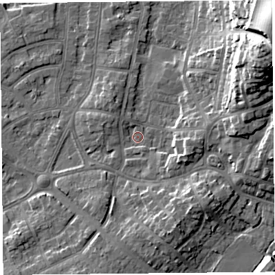 Shaded relief map of the ground around LA46RZ, computed from Environment Agency LiDAR. The ground here sits at about 6 m above sea level and falls 29 m across the surrounding 800 m. Surface water reaching this point runs off ground lying to the east-north-east, 9.8 m higher.