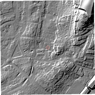 Shaded relief map of the ground around LA46SA, computed from Environment Agency LiDAR. The ground here sits at about 5 m above sea level and falls 34 m across the surrounding 800 m. Surface water reaching this point runs off ground lying to the east-south-east, 5.0 m higher.