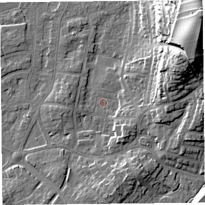 Shaded relief map of the ground around LA46SB, computed from Environment Agency LiDAR. The ground here sits at about 5 m above sea level and falls 36 m across the surrounding 800 m. Surface water reaching this point runs off ground lying to the east-north-east, 27.3 m higher.