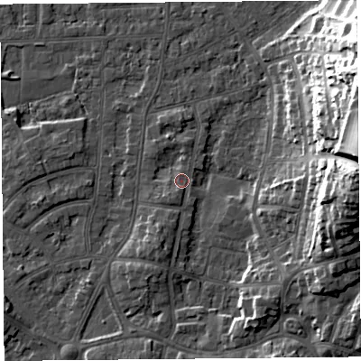 Shaded relief map of the ground around LA46SD, computed from Environment Agency LiDAR. The ground here sits at about 6 m above sea level and falls 26 m across the surrounding 800 m. Surface water reaching this point runs off ground lying to the south-south-west, 1.1 m higher.