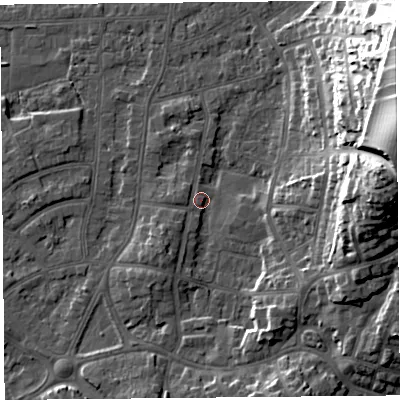 Shaded relief map of the ground around LA46SE, computed from Environment Agency LiDAR. The ground here sits at about 6 m above sea level and falls 29 m across the surrounding 800 m. Surface water reaching this point runs off ground lying to the east, 22.2 m higher.