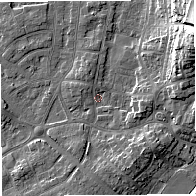 Shaded relief map of the ground around LA46SF, computed from Environment Agency LiDAR. The ground here sits at about 6 m above sea level and falls 24 m across the surrounding 800 m. Surface water reaching this point runs off ground lying to the east-north-east, 9.8 m higher.