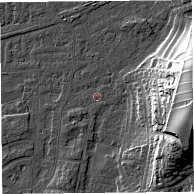 Shaded relief map of the ground around LA46SH, computed from Environment Agency LiDAR. The ground here sits at about 6 m above sea level and falls 36 m across the surrounding 800 m. Surface water reaching this point runs off ground lying to the east, 34.5 m higher.