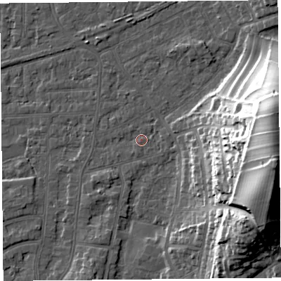Shaded relief map of the ground around LA46SJ, computed from Environment Agency LiDAR. The ground here sits at about 6 m above sea level and falls 36 m across the surrounding 800 m. Surface water reaching this point runs off ground lying to the east-south-east, 36.2 m higher.