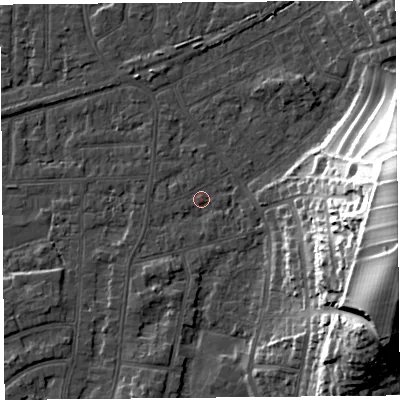 Shaded relief map of the ground around LA46SL, computed from Environment Agency LiDAR. The ground here sits at about 6 m above sea level and falls 36 m across the surrounding 800 m. Surface water reaching this point runs off ground lying to the east-south-east, 35.5 m higher.